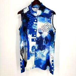 Art To Wear Tunic Shirt Women's Large Lagenlook Button Up Blue Boho Abstract NWT